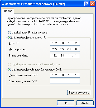 Ustawienia TCP/IP interfejsu gwnego
